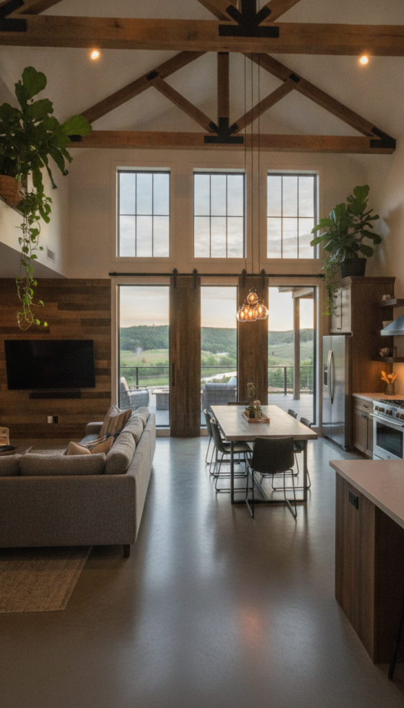 A beautiful barndominium interior showcasing various design options for modern living. In the foreground, a spacious open-plan living area with a cozy sofa, a contemporary dining table, and a sleek kitchen featuring stainless steel appliances. The middle ground displays large windows allowing natural light to flood the space, with stylish decor elements like rustic wooden beams and greenery. In the background, visible barn-style sliding doors lead to an outdoor deck with serene countryside views, enhancing the sense of openness. The scene is illuminated by warm, soft lighting creating a welcoming atmosphere. Shot from a wide-angle perspective to capture the layout and flow of space, emphasizing a budget-friendly yet elegant approach to barndominium living.