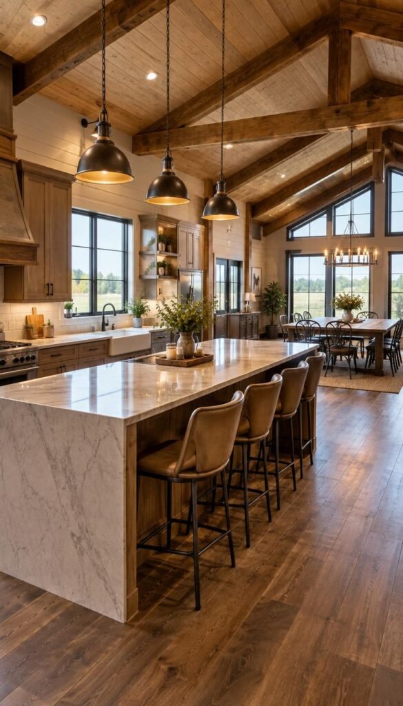 A beautifully designed Barndominium kitchen in an open floor plan, featuring rustic wooden beams and large windows that allow natural light to pour in. In the foreground, a spacious kitchen island with a seamless marble countertop and contemporary bar stools. The middle ground showcases sleek cabinetry in warm tones, paired with modern appliances, and an inviting farmhouse sink. In the background, an expansive dining area seamlessly integrates with the kitchen, adorned with a wooden dining table and wrought iron chairs. The overall atmosphere is warm and inviting, with warm light fixtures casting a cozy glow. Shot from a slight angle to capture both the kitchen and dining space, enhancing the sense of openness and functionality. The scene conveys a blend of rustic charm and modern elegance in the Barndominium design. A beautifully designed Barndominium kitchen in an open floor plan, featuring rustic wooden beams and large windows that allow natural light to pour in. In the foreground, a spacious kitchen island with a seamless marble countertop and contemporary bar stools. The middle ground showcases sleek cabinetry in warm tones, paired with modern appliances, and an inviting farmhouse sink. In the background, an expansive dining area seamlessly integrates with the kitchen, adorned with a wooden dining table and wrought iron chairs. The overall atmosphere is warm and inviting, with warm light fixtures casting a cozy glow. Shot from a slight angle to capture both the kitchen and dining space, enhancing the sense of openness and functionality. The scene conveys a blend of rustic charm and modern elegance in the Barndominium design.