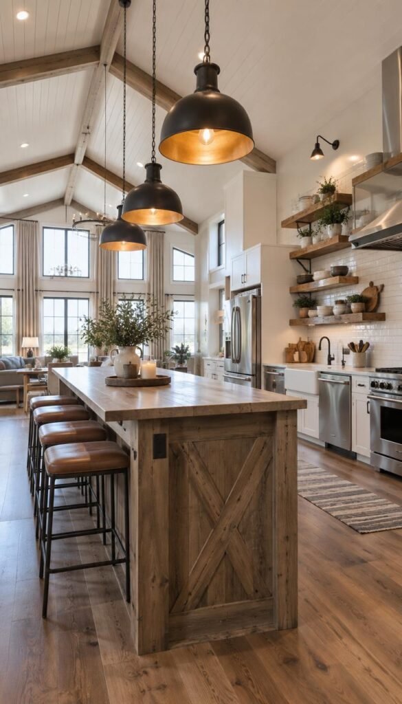 A beautifully designed barndominium kitchen showcasing modern lighting and fixtures, emphasizing an open floor plan. In the foreground, elegant pendant lights with warm, ambient illumination hang above a rustic wooden island, creating a welcoming focal point. The middle ground features sleek stainless steel appliances and a farmhouse sink, surrounded by open shelving displaying artisanal kitchenware. The background showcases large windows that allow natural light to flood the space, framed by soft, neutral-toned curtains. A soft color palette of whites, grays, and natural wood tones creates a warm and inviting atmosphere. The scene is captured from a low angle, highlighting the height of the space and drawing the viewer's eye upwards towards the intricate lighting fixtures, evoking a sense of style and functionality in contemporary kitchen design. A beautifully designed barndominium kitchen showcasing modern lighting and fixtures, emphasizing an open floor plan. In the foreground, elegant pendant lights with warm, ambient illumination hang above a rustic wooden island, creating a welcoming focal point. The middle ground features sleek stainless steel appliances and a farmhouse sink, surrounded by open shelving displaying artisanal kitchenware. The background showcases large windows that allow natural light to flood the space, framed by soft, neutral-toned curtains. A soft color palette of whites, grays, and natural wood tones creates a warm and inviting atmosphere. The scene is captured from a low angle, highlighting the height of the space and drawing the viewer's eye upwards towards the intricate lighting fixtures, evoking a sense of style and functionality in contemporary kitchen design.