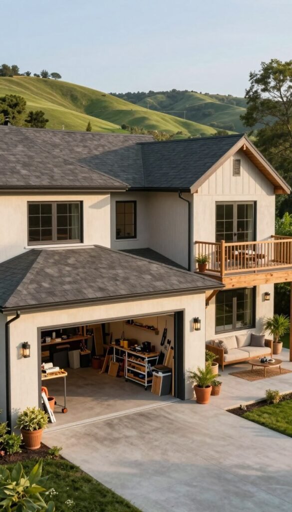 A beautifully designed integrated garage and porch, showcasing modern barndominium style. In the foreground, the garage doors are open, revealing a spacious workshop filled with tools and materials, emphasizing functionality. To the side, a stylish porch features comfortable seating with rustic accents and potted plants, inviting relaxation. The middle section includes an open layout connecting the garage and porch, with large windows allowing natural light to flood the space. In the background, gently rolling hills and vibrant greenery provide a serene setting. The warm afternoon sunlight casts soft shadows, enhancing the inviting atmosphere. Capture this scene with a slightly elevated angle, using a wide lens to convey depth and perspective, ensuring a harmonious blend of architecture and nature. A beautifully designed integrated garage and porch, showcasing modern barndominium style. In the foreground, the garage doors are open, revealing a spacious workshop filled with tools and materials, emphasizing functionality. To the side, a stylish porch features comfortable seating with rustic accents and potted plants, inviting relaxation. The middle section includes an open layout connecting the garage and porch, with large windows allowing natural light to flood the space. In the background, gently rolling hills and vibrant greenery provide a serene setting. The warm afternoon sunlight casts soft shadows, enhancing the inviting atmosphere. Capture this scene with a slightly elevated angle, using a wide lens to convey depth and perspective, ensuring a harmonious blend of architecture and nature.
