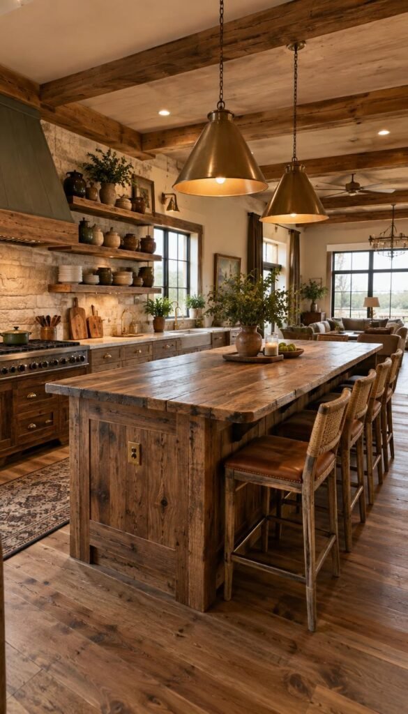 A beautifully designed kitchen embodying rustic charm, featuring a large wooden island with a rough-hewn surface, surrounded by comfortable, modest bar stools. The foreground showcases an array of material selections, including reclaimed wood cabinetry with traditional brass hardware, and textured stone countertops that evoke a cozy, inviting atmosphere. In the middle, rustic open shelving displays thoughtfully arranged artisan dishware and plant accents, framed by exposed wooden beams and warm pendant lighting that casts a soft glow. The background reveals a spacious open floor plan, where natural light pours in through large windows, illuminating the earthy color palette of browns, greens, and warm whites. Capture this scene with a warm, inviting mood, from a slight angle to provide depth and context, emphasizing the charming aspects of a barndominium kitchen. A beautifully designed kitchen embodying rustic charm, featuring a large wooden island with a rough-hewn surface, surrounded by comfortable, modest bar stools. The foreground showcases an array of material selections, including reclaimed wood cabinetry with traditional brass hardware, and textured stone countertops that evoke a cozy, inviting atmosphere. In the middle, rustic open shelving displays thoughtfully arranged artisan dishware and plant accents, framed by exposed wooden beams and warm pendant lighting that casts a soft glow. The background reveals a spacious open floor plan, where natural light pours in through large windows, illuminating the earthy color palette of browns, greens, and warm whites. Capture this scene with a warm, inviting mood, from a slight angle to provide depth and context, emphasizing the charming aspects of a barndominium kitchen.