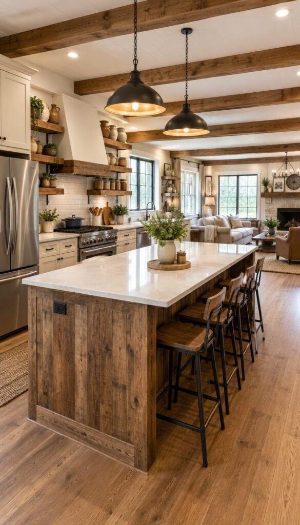 A bright, inviting farmhouse kitchen that seamlessly blends modern amenities with rustic charm. In the foreground, a large central island made of reclaimed wood features a sleek, white quartz countertop with contemporary bar stools. On the island, a stylish vase holds fresh herbs. The middle layer showcases stainless steel appliances, including a double-door fridge and a gas range, surrounded by open shelving displaying artisanal pottery and mason jars. Beyond, large windows bathe the space in natural light, framed by wooden beams. The background reveals a spacious open floor plan, connecting the kitchen to a cozy living area adorned with neutral tones and farm-style decor. The overall atmosphere is warm and welcoming, accentuated by soft, ambient lighting for a homely feel, captured from a slightly elevated angle. A bright, inviting farmhouse kitchen that seamlessly blends modern amenities with rustic charm. In the foreground, a large central island made of reclaimed wood features a sleek, white quartz countertop with contemporary bar stools. On the island, a stylish vase holds fresh herbs. The middle layer showcases stainless steel appliances, including a double-door fridge and a gas range, surrounded by open shelving displaying artisanal pottery and mason jars. Beyond, large windows bathe the space in natural light, framed by wooden beams. The background reveals a spacious open floor plan, connecting the kitchen to a cozy living area adorned with neutral tones and farm-style decor. The overall atmosphere is warm and welcoming, accentuated by soft, ambient lighting for a homely feel, captured from a slightly elevated angle.