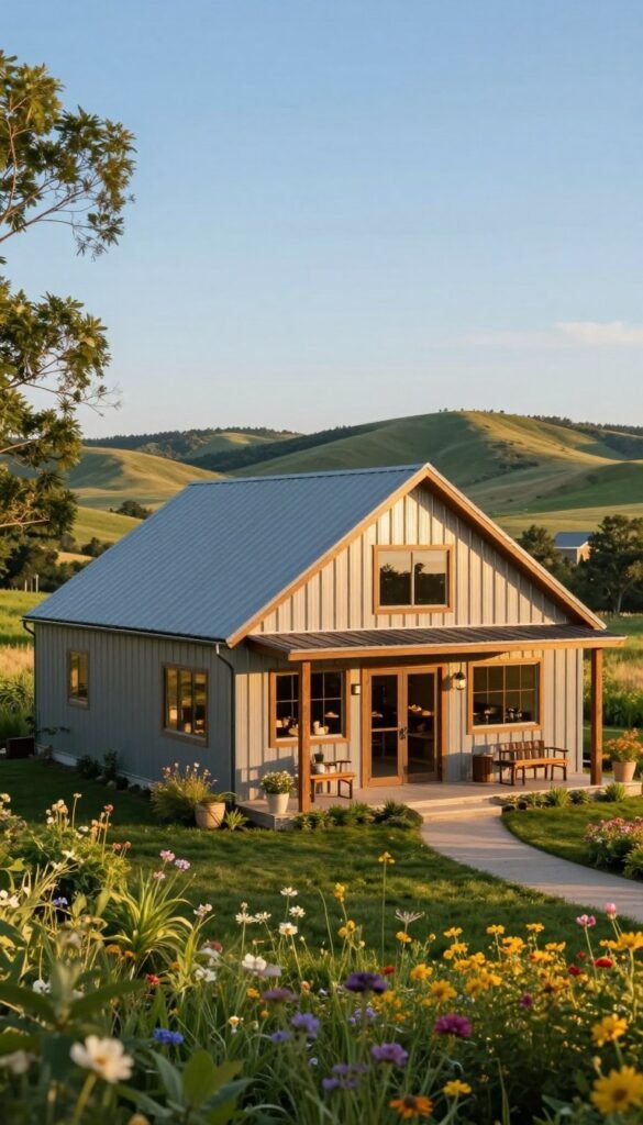 A charming, affordable barndominium stands prominently in the foreground, featuring a rustic metal exterior and wooden accents, surrounded by lush greenery. The structure showcases large windows that reflect the warm sunlight, enhancing its inviting appeal. In the middle ground, a well-maintained yard is dotted with colorful wildflowers and a small pathway leading to the entrance. In the background, a serene rural landscape stretches out with rolling hills under a clear blue sky. The scene is bathed in soft, golden hour lighting, creating a warm and welcoming atmosphere. Capture the image from a slightly elevated angle to give a clear view of the property, emphasizing its spacious design. The composition should convey value and comfort, inviting potential buyers to envision their dream home. A charming, affordable barndominium stands prominently in the foreground, featuring a rustic metal exterior and wooden accents, surrounded by lush greenery. The structure showcases large windows that reflect the warm sunlight, enhancing its inviting appeal. In the middle ground, a well-maintained yard is dotted with colorful wildflowers and a small pathway leading to the entrance. In the background, a serene rural landscape stretches out with rolling hills under a clear blue sky. The scene is bathed in soft, golden hour lighting, creating a warm and welcoming atmosphere. Capture the image from a slightly elevated angle to give a clear view of the property, emphasizing its spacious design. The composition should convey value and comfort, inviting potential buyers to envision their dream home.