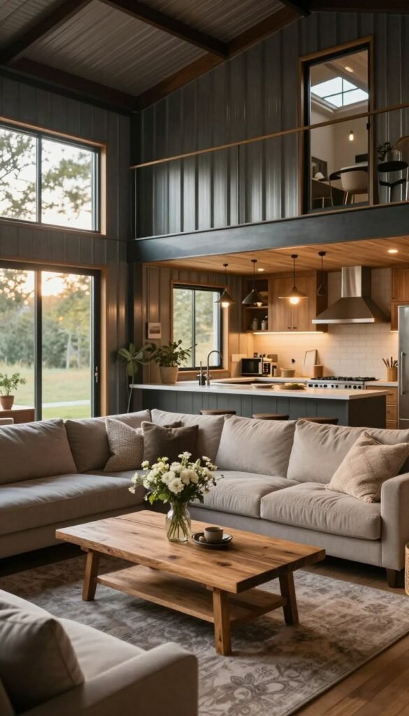 A cozy and inviting interior of a modern metal home, showcasing warm wooden accents blended with sleek steel finishes. In the foreground, a spacious living room features a large, plush sectional sofa in neutral tones, complemented by soft, textured throw pillows. A rustic wooden coffee table sits at the center, adorned with a vase of fresh flowers. The middle ground highlights an open-concept kitchen with stainless steel appliances and contemporary light fixtures casting a warm glow. In the background, large windows flood the space with natural light, framing a serene view of the outdoors. The atmosphere is tranquil and harmonious, evoking a sense of comfort and style. Capture this from a wide-angle perspective, focusing on the soft lighting and inviting textures, inviting viewers into a serene metal home experience. A cozy and inviting interior of a modern metal home, showcasing warm wooden accents blended with sleek steel finishes. In the foreground, a spacious living room features a large, plush sectional sofa in neutral tones, complemented by soft, textured throw pillows. A rustic wooden coffee table sits at the center, adorned with a vase of fresh flowers. The middle ground highlights an open-concept kitchen with stainless steel appliances and contemporary light fixtures casting a warm glow. In the background, large windows flood the space with natural light, framing a serene view of the outdoors. The atmosphere is tranquil and harmonious, evoking a sense of comfort and style. Capture this from a wide-angle perspective, focusing on the soft lighting and inviting textures, inviting viewers into a serene metal home experience.