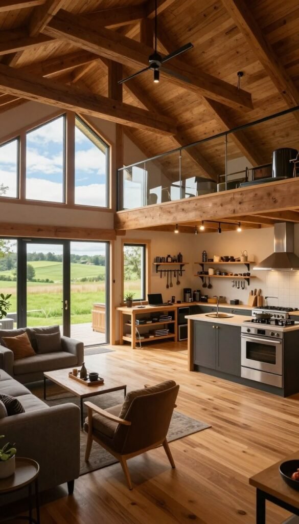 A cozy barndominium living space and workshop combine seamlessly, capturing the essence of modern rural living. In the foreground, a spacious, open-plan interior features rustic wooden beams and large windows allowing natural light to flood in, highlighting the warm hues of polished wood floors and contemporary furnishings. A comfortable seating area with inviting chairs and a coffee table lies next to a sleek kitchen with stainless steel appliances. In the middle, a well-organized workshop area showcases tools and workbenches, with a soft glow from overhead lights creating a productive atmosphere. The background reveals a picturesque rural landscape through large sliding doors, with rolling green fields and a blue sky. The mood is inviting and inspiring, ideal for creativity and comfort in a barndominium. The lens captures the entire scene from a slightly elevated angle, enhancing the spaciousness of the design. A cozy barndominium living space and workshop combine seamlessly, capturing the essence of modern rural living. In the foreground, a spacious, open-plan interior features rustic wooden beams and large windows allowing natural light to flood in, highlighting the warm hues of polished wood floors and contemporary furnishings. A comfortable seating area with inviting chairs and a coffee table lies next to a sleek kitchen with stainless steel appliances. In the middle, a well-organized workshop area showcases tools and workbenches, with a soft glow from overhead lights creating a productive atmosphere. The background reveals a picturesque rural landscape through large sliding doors, with rolling green fields and a blue sky. The mood is inviting and inspiring, ideal for creativity and comfort in a barndominium. The lens captures the entire scene from a slightly elevated angle, enhancing the spaciousness of the design.