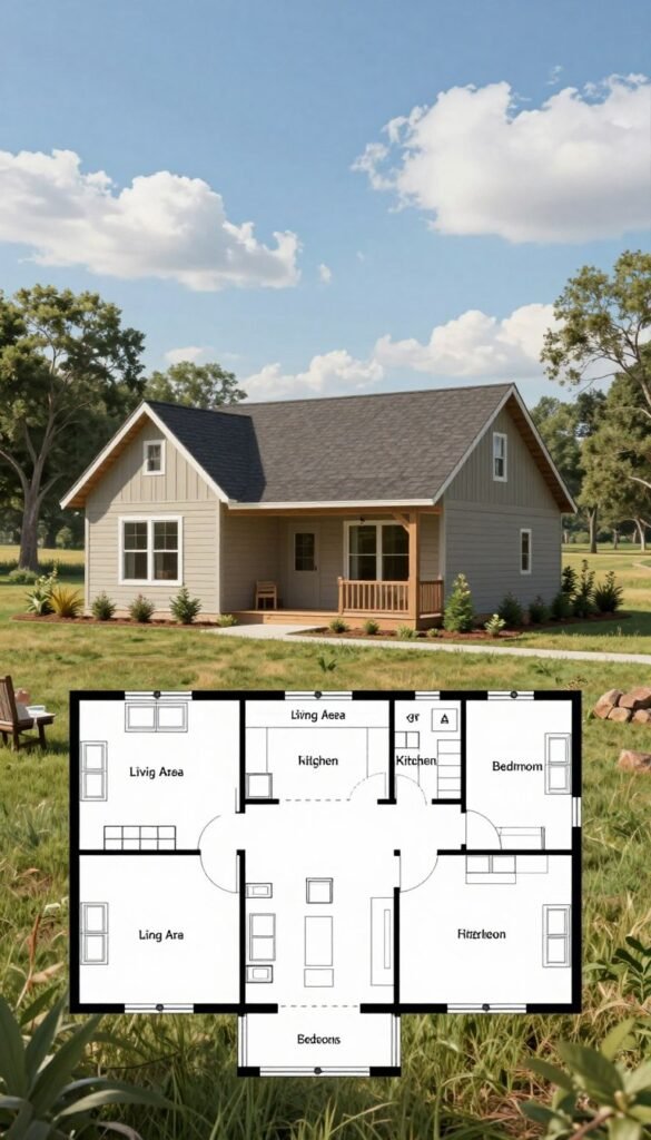A cozy, budget-friendly barndominium home plan designed with simplicity in mind. In the foreground, feature a clear, well-structured floor plan with labeled rooms like a living area, kitchen, and bedrooms, showcasing energy-efficient layouts. In the middle ground, depict a charming, rustic barndominium with a gabled roof and large windows, set in a peaceful, open landscape surrounded by trees and grassy fields. In the background, a bright blue sky with fluffy white clouds enhances the scene. Use soft, natural lighting to create a warm and inviting atmosphere, emphasizing affordability and comfort. The angle should be slightly elevated, giving a comprehensive view of both the floor plan and the beautiful exterior of the home. A cozy, budget-friendly barndominium home plan designed with simplicity in mind. In the foreground, feature a clear, well-structured floor plan with labeled rooms like a living area, kitchen, and bedrooms, showcasing energy-efficient layouts. In the middle ground, depict a charming, rustic barndominium with a gabled roof and large windows, set in a peaceful, open landscape surrounded by trees and grassy fields. In the background, a bright blue sky with fluffy white clouds enhances the scene. Use soft, natural lighting to create a warm and inviting atmosphere, emphasizing affordability and comfort. The angle should be slightly elevated, giving a comprehensive view of both the floor plan and the beautiful exterior of the home.