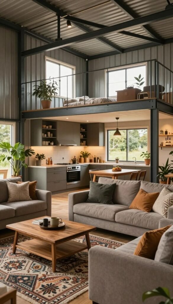 A cozy interior design of a metal building home, focusing on a comfortable living room layout that emphasizes residential warmth. The foreground features plush sofas with soft, inviting textiles, a wooden coffee table, and a decorative rug. In the middle, an open kitchen showcases modern appliances, sleek cabinetry, and a small dining table set. The background displays large windows allowing natural light to flood in, highlighting the exposed steel frame structure and adding a rustic charm. Warm ambient lighting creates a welcoming atmosphere, while earthy tones and green plants enhance the cozy feel. Shot at eye level with a wide-angle lens to capture the spaciousness, evoking a sense of modern, stylish living. A cozy interior design of a metal building home, focusing on a comfortable living room layout that emphasizes residential warmth. The foreground features plush sofas with soft, inviting textiles, a wooden coffee table, and a decorative rug. In the middle, an open kitchen showcases modern appliances, sleek cabinetry, and a small dining table set. The background displays large windows allowing natural light to flood in, highlighting the exposed steel frame structure and adding a rustic charm. Warm ambient lighting creates a welcoming atmosphere, while earthy tones and green plants enhance the cozy feel. Shot at eye level with a wide-angle lens to capture the spaciousness, evoking a sense of modern, stylish living.