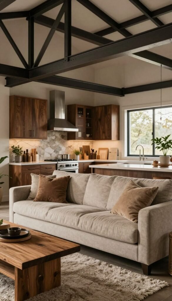 A cozy interior of a steel frame home, showcasing warm materials that contrast with the industrial elements. In the foreground, a comfortable living area features a plush, neutral-toned sofa adorned with soft throw pillows, a wooden coffee table, and a textured wool rug. The middle ground reveals a stylish kitchen with dark wooden cabinets, stainless steel appliances, and a decorative backsplash blending natural stone and metal. In the background, large windows allow soft, natural light to flood the space, highlighting the steel beams and creating a warm atmosphere. Add indoor plants for vibrancy. The overall mood is inviting and contemporary, capturing the essence of a harmonious blend of metal and warmth. A cozy interior of a steel frame home, showcasing warm materials that contrast with the industrial elements. In the foreground, a comfortable living area features a plush, neutral-toned sofa adorned with soft throw pillows, a wooden coffee table, and a textured wool rug. The middle ground reveals a stylish kitchen with dark wooden cabinets, stainless steel appliances, and a decorative backsplash blending natural stone and metal. In the background, large windows allow soft, natural light to flood the space, highlighting the steel beams and creating a warm atmosphere. Add indoor plants for vibrancy. The overall mood is inviting and contemporary, capturing the essence of a harmonious blend of metal and warmth.