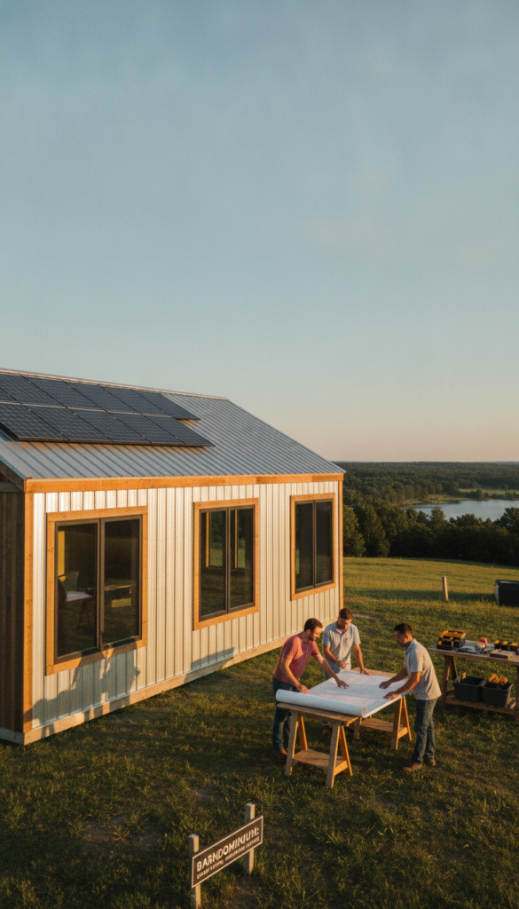 A cozy, inviting barndominium under a bright blue sky, showcasing cost-saving features prominently. In the foreground, a well-planned layout with a combination of metal and wood, featuring energy-efficient windows and solar panels. The middle ground displays a DIY construction scene with a team of professionals in modest casual clothing consulting over blueprints, emphasizing collaboration and budget-conscious design strategies. In the background, a lush green landscape complements the rustic charm of the barndominium, symbolizing affordability and sustainability. Warm sunlight casts a soft glow on the entire scene, creating a cheerful and optimistic atmosphere that emphasizes the possibilities of building smart on a budget. Wide-angle perspective captures the essence of community, simplicity, and innovation in barndominium planning.
