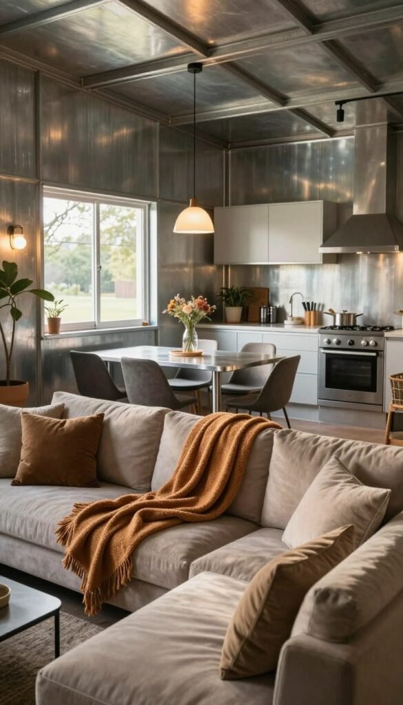 A cozy metal house interior designed for comfort and connection. In the foreground, a plush, layered sectional sofa with warm-toned throw blankets and accent pillows, inviting relaxation. The middle section features an open-plan layout with a tasteful dining area, showcasing a sleek metallic dining table surrounded by stylish chairs. Large windows allow natural light to flood the space, highlighting the sheen of steel walls and creating a bright atmosphere. In the background, a minimalist kitchen with stainless steel appliances complements the overall aesthetic. Soft, warm lighting fixtures hang from the ceiling, casting a gentle glow. The mood is harmonious, reflective of a stylish yet inviting home, aiming to evoke feelings of warmth and togetherness in a modern metal shell. A cozy metal house interior designed for comfort and connection. In the foreground, a plush, layered sectional sofa with warm-toned throw blankets and accent pillows, inviting relaxation. The middle section features an open-plan layout with a tasteful dining area, showcasing a sleek metallic dining table surrounded by stylish chairs. Large windows allow natural light to flood the space, highlighting the sheen of steel walls and creating a bright atmosphere. In the background, a minimalist kitchen with stainless steel appliances complements the overall aesthetic. Soft, warm lighting fixtures hang from the ceiling, casting a gentle glow. The mood is harmonious, reflective of a stylish yet inviting home, aiming to evoke feelings of warmth and togetherness in a modern metal shell.