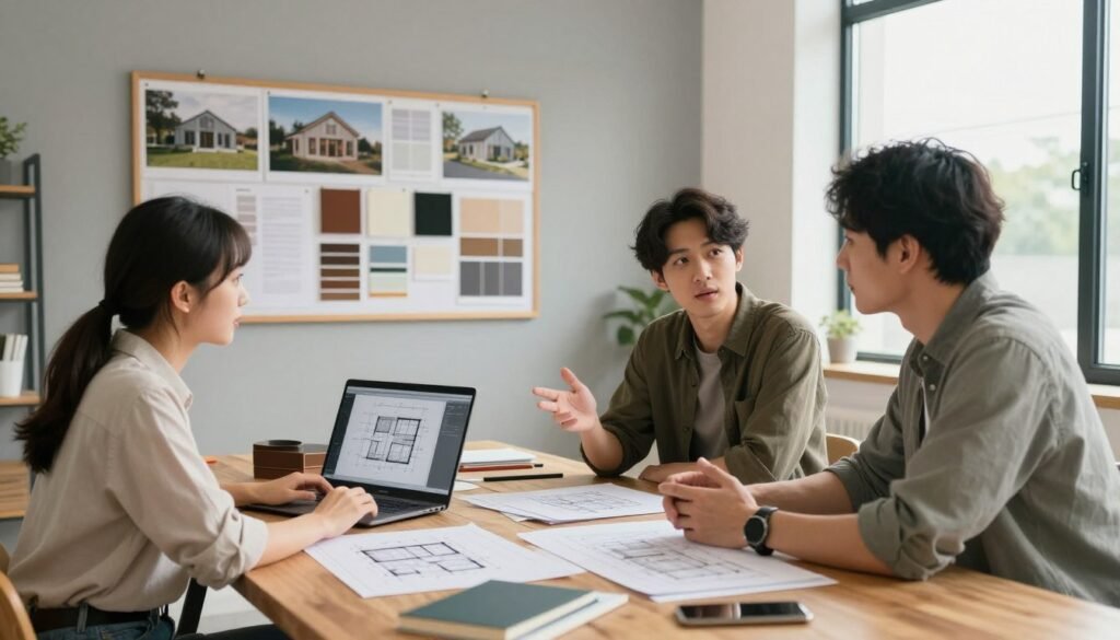 A cozy, well-designed workspace featuring a large wooden table scattered with architectural drawings, design materials, and a laptop displaying a digital blueprint. In the foreground, a female architect in smart casual attire discusses with a male colleague, both engaged in a design strategy meeting. The middle ground displays a mood board with various color palettes, material samples, and images of barndominiums pinned on a soft gray wall. In the background, large windows allow natural light to flood the space, illuminating the room and creating a warm, inviting atmosphere. The overall mood is collaborative and focused, emphasizing goal setting and design priorities in a practical, professional context.