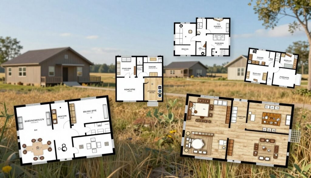 A detailed and inviting illustration of various barndominium floor plans, featuring a mix of rustic and modern designs. In the foreground, display a prominent floor plan layout showcasing an open-concept living area, kitchen, and dining spaces, with labeled sections for clarity. In the middle, incorporate additional floor plans of different sizes, some with additional rooms like a home office or workshop, emphasizing versatility. In the background, create a serene rural landscape with a few barndominiums set against a clear blue sky, bathed in soft, natural daylight. Use a warm color palette to evoke a welcoming atmosphere. The angle should be slightly elevated for a comprehensive view, showcasing the innovative design options available for barndominiums.
