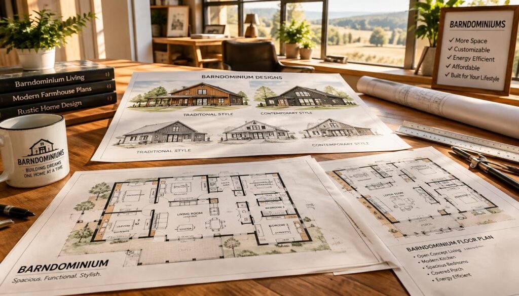 A detailed and inviting image of barndominium floor plans, showcasing an open concept layout with spacious living areas, modern kitchen, and cozy bedrooms. The foreground features a creative arrangement of the floor plans on a wooden table, with drafting tools and a scale ruler nearby. In the middle, highlight architectural sketches with different styles of barndominiums, presenting both traditional and contemporary designs. The background includes a well-lit workspace with natural light streaming in through large windows, illuminating the plans and enhancing the inviting atmosphere. Soft shadows create a warm, welcoming feel. Emphasize the practicality and charm of these unique homes, appealing to American homeowners seeking innovative living solutions. A detailed and inviting image of barndominium floor plans, showcasing an open concept layout with spacious living areas, modern kitchen, and cozy bedrooms. The foreground features a creative arrangement of the floor plans on a wooden table, with drafting tools and a scale ruler nearby. In the middle, highlight architectural sketches with different styles of barndominiums, presenting both traditional and contemporary designs. The background includes a well-lit workspace with natural light streaming in through large windows, illuminating the plans and enhancing the inviting atmosphere. Soft shadows create a warm, welcoming feel. Emphasize the practicality and charm of these unique homes, appealing to American homeowners seeking innovative living solutions.