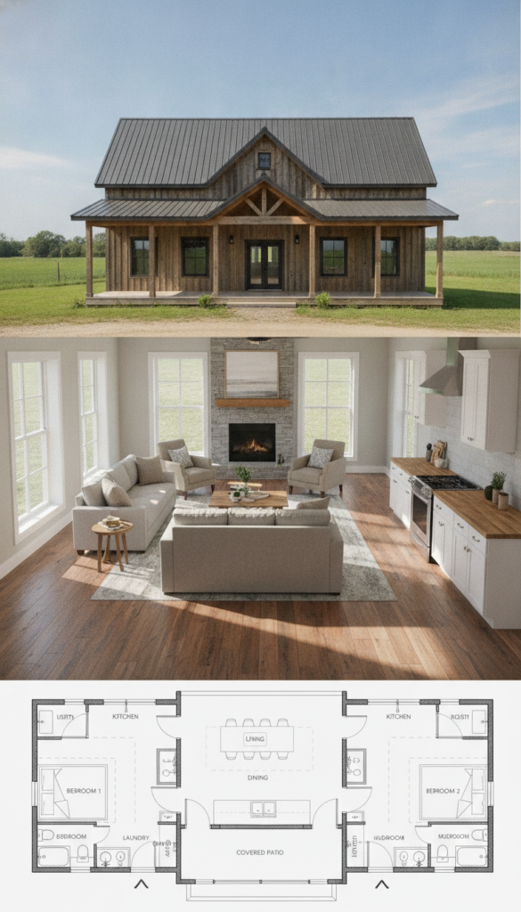 A detailed and modern barndominium floor plan layout fills the foreground, showcasing open living spaces. The floor plan includes a spacious kitchen, living room, and two comfortable bedrooms, all designed for budget-friendly living. In the middle ground, a cozy, inviting atmosphere is created with natural lighting streaming through large windows, casting soft shadows on the wooden flooring. The background features a view of a rustic barndominium exterior with a metal roof and wood siding, set against a tranquil countryside landscape with green fields and a clear blue sky. The image captures a sense of warmth and simplicity, emphasizing the practicality and charm of modern barndominium living while focusing on the architectural layout. No people are present in the image, ensuring a clean, professional presentation.