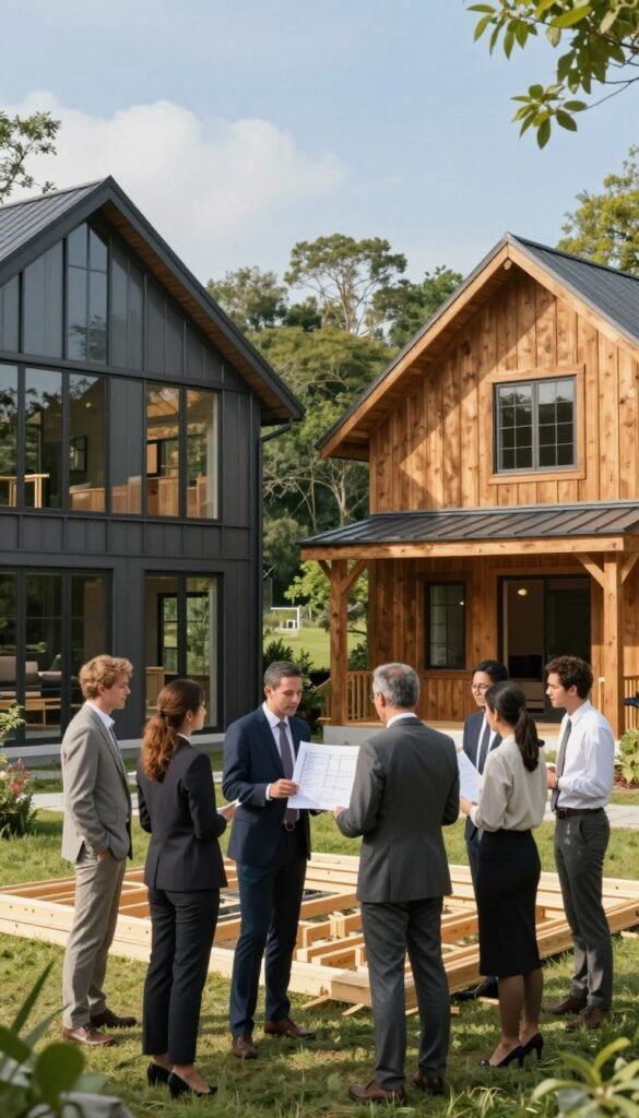 A detailed and vibrant scene showcasing a split view of two barndominiums: on one side, a modern steel frame structure with sleek lines and large windows reflecting natural light, and on the other, a rustic wood frame barndominium with a warm, inviting exterior and traditional design elements. In the foreground, a diverse group of professionals in business attire discuss blueprints and framing options, highlighting the comparison between the two styles. The background features a lush green landscape, with trees and a clear blue sky, creating a serene atmosphere. The lighting is bright and natural, casting soft shadows that enhance the textures of the materials. The image is captured with a wide-angle lens from a slightly elevated perspective, drawing attention to both structures and their framing options while maintaining a harmonious balance. A detailed and vibrant scene showcasing a split view of two barndominiums: on one side, a modern steel frame structure with sleek lines and large windows reflecting natural light, and on the other, a rustic wood frame barndominium with a warm, inviting exterior and traditional design elements. In the foreground, a diverse group of professionals in business attire discuss blueprints and framing options, highlighting the comparison between the two styles. The background features a lush green landscape, with trees and a clear blue sky, creating a serene atmosphere. The lighting is bright and natural, casting soft shadows that enhance the textures of the materials. The image is captured with a wide-angle lens from a slightly elevated perspective, drawing attention to both structures and their framing options while maintaining a harmonious balance.