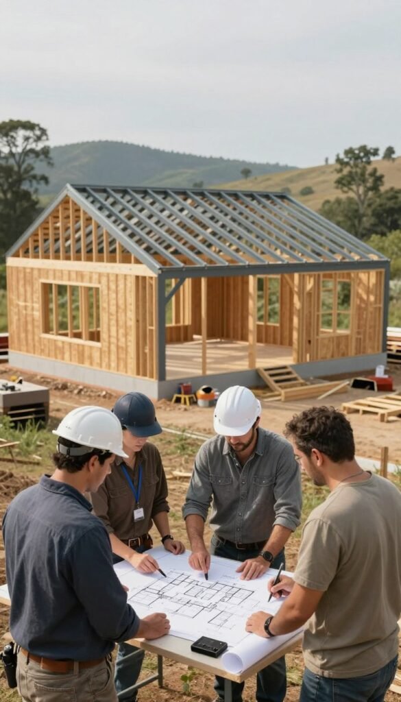 A detailed and visually engaging composition showcasing the key factors in barndominium construction. In the foreground, illustrate a professional team of builders in modest casual clothing, discussing architectural plans over a layout on a table. In the middle ground, depict a partly constructed barndominium with steel beams and wooden elements, emphasizing modern and traditional design elements. In the background, show a scenic landscape with rolling hills and trees, providing a serene and inviting atmosphere. Use natural daylight for soft lighting, captured at eye-level angle to enhance realism, and create a feeling of collaboration and craftsmanship. The overall mood should be one of professionalism and innovation, reflecting the essence of barndominium building.
