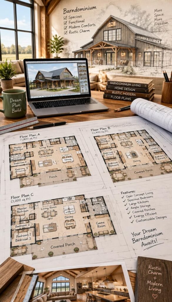 A detailed, artistic illustration of barndominium floor plans, showcasing spacious and efficient layouts. In the foreground, prominent sketches of various floor plan designs with living areas, kitchens, and bedrooms clearly labeled. The middle ground features a workspace with drafting tools, blueprints, and a laptop displaying digital designs. In the background, a bright, airy setting with large windows and a barn-style structure partially sketched, blending rustic charm with modern amenities. Soft, natural lighting illuminates the scene, creating a motivating atmosphere. The perspective is slightly angled to provide depth, encouraging viewers to visualize the possibilities of barndominium living. The color palette includes warm earth tones and soft wood textures, exuding a welcoming and cozy feel.