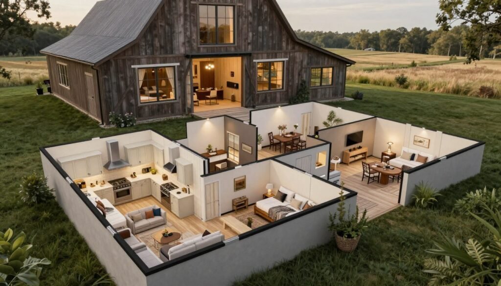 A detailed floor plan for a 30x40 barndominium showcasing smart layouts and thoughtful design features for compact living. The foreground displays elegant room placements including an open concept kitchen, living area, and strategically placed bedrooms. In the middle ground, highlight functional spaces like a small office nook and a cozy dining area, all arranged to maximize utility and flow. The background illustrates the exterior with rustic barn-style architecture featuring large windows allowing natural light, set against a tranquil rural landscape. Use soft, warm lighting to enhance the inviting atmosphere, captured from a slightly elevated angle, emphasizing the spaciousness and clever use of the 1,200 sq ft design. The mood should evoke comfort and efficiency in modern living. A detailed floor plan for a 30x40 barndominium showcasing smart layouts and thoughtful design features for compact living. The foreground displays elegant room placements including an open concept kitchen, living area, and strategically placed bedrooms. In the middle ground, highlight functional spaces like a small office nook and a cozy dining area, all arranged to maximize utility and flow. The background illustrates the exterior with rustic barn-style architecture featuring large windows allowing natural light, set against a tranquil rural landscape. Use soft, warm lighting to enhance the inviting atmosphere, captured from a slightly elevated angle, emphasizing the spaciousness and clever use of the 1,200 sq ft design. The mood should evoke comfort and efficiency in modern living.