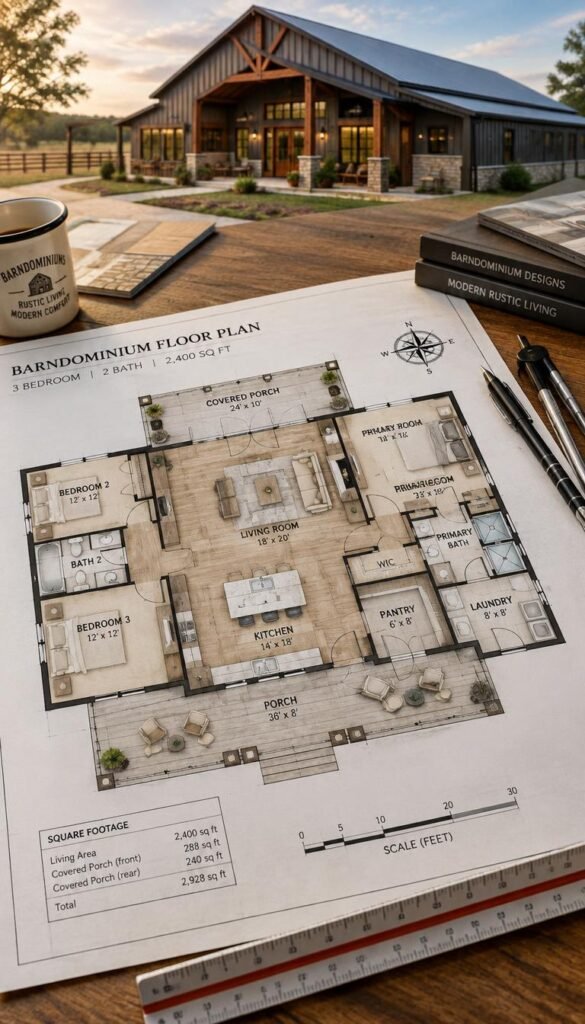 A detailed floor plan of a barndominium, showcasing a spacious and modern layout. The foreground features a scale ruler, architectural compass, and drafting tools on a table, emphasizing the design process. In the middle, the barndominium floor plan displays open living spaces, a kitchen with an island, and multiple bedrooms, all labeled clearly. The background showcases a rustic barn structure, adding context to the barndominium theme. Soft natural lighting illuminates the scene, giving it a warm and inviting atmosphere. The perspective is slightly tilted, capturing a three-dimensional effect. The overall mood conveys creativity and professionalism in home design.