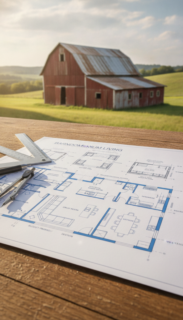 A detailed floor plan of a modern barndominium, showcasing a spacious open-concept living area, kitchen, and dining space. The design features large windows allowing natural light to flood in, providing a warm and inviting atmosphere. In the foreground, the floor plan is laid out on a wooden table with drafting tools such as a ruler and compass. The middle section highlights key architectural elements like vaulted ceilings and integrated storage solutions. In the background, a rustic barn structure is illustrated, blending seamlessly with the natural landscape of rolling hills and greenery. The lighting is bright and airy, creating a sense of optimism and simplicity, aimed at showcasing practical and budget-friendly design solutions.