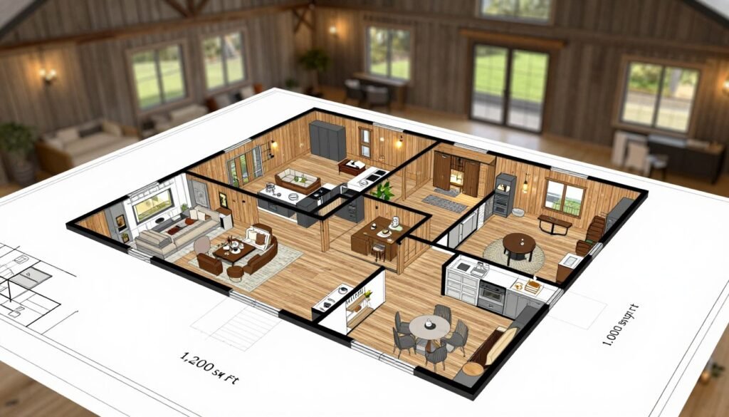 A detailed illustration of a 30x40 Barndominium floor plan showcasing smart layouts for 1,200 sq ft. In the foreground, a clear architectural blueprint with well-defined rooms, including a spacious living area, modern kitchen, and two bedrooms. The middle ground features open spaces and practical storage solutions, emphasizing functionality and flow. The background hints at a rustic barn-style home, with large windows allowing natural light to filter in, creating a warm and inviting atmosphere. Soft lighting accentuates the textures of wood and metal, embodying a cozy yet modern aesthetic. The angle captures a bird's-eye view, highlighting the spatial arrangements. The mood is one of comfort and innovation, inviting viewers to explore the unique appeal of Barndominium living. A detailed illustration of a 30x40 Barndominium floor plan showcasing smart layouts for 1,200 sq ft. In the foreground, a clear architectural blueprint with well-defined rooms, including a spacious living area, modern kitchen, and two bedrooms. The middle ground features open spaces and practical storage solutions, emphasizing functionality and flow. The background hints at a rustic barn-style home, with large windows allowing natural light to filter in, creating a warm and inviting atmosphere. Soft lighting accentuates the textures of wood and metal, embodying a cozy yet modern aesthetic. The angle captures a bird's-eye view, highlighting the spatial arrangements. The mood is one of comfort and innovation, inviting viewers to explore the unique appeal of Barndominium living.