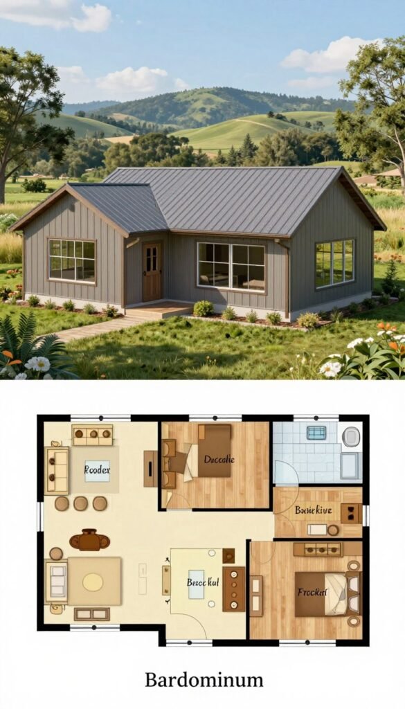 A detailed illustration of barndominium floor plans, showcasing practical and budget-friendly layout options. In the foreground, a clear and concise floor plan layout featuring open living spaces, including a combined kitchen and living room area, two cozy bedrooms, and a modern bathroom. The middle ground displays a 3D model of the barndominium exterior, highlighting rustic metal siding and large windows for natural light. The background features a serene rural landscape with lush greenery and distant rolling hills under a bright blue sky. The image should be well-lit, capturing the essence of a warm and inviting home atmosphere. Use a slightly elevated angle to provide a comprehensive view of both the floor plans and exterior design. A detailed illustration of barndominium floor plans, showcasing practical and budget-friendly layout options. In the foreground, a clear and concise floor plan layout featuring open living spaces, including a combined kitchen and living room area, two cozy bedrooms, and a modern bathroom. The middle ground displays a 3D model of the barndominium exterior, highlighting rustic metal siding and large windows for natural light. The background features a serene rural landscape with lush greenery and distant rolling hills under a bright blue sky. The image should be well-lit, capturing the essence of a warm and inviting home atmosphere. Use a slightly elevated angle to provide a comprehensive view of both the floor plans and exterior design.