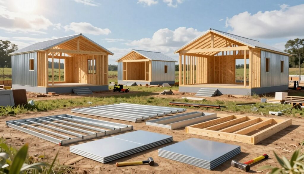 A detailed illustration of barndominium kits and metal building kits, showcasing a variety of prefabricated structures in a sunny outdoor setting. In the foreground, display different kits including metal frames, wooden beams, and pre-cut panels arranged on a construction site, with tools like hammers and measuring tapes nearby. In the middle ground, depict partially assembled barndominiums, showcasing their rustic charm with high ceilings and spacious designs, surrounded by greenery and construction materials. The background features a blue sky with soft clouds, and perhaps rolling hills to enhance the peaceful country atmosphere. The lighting is bright and natural, with a slight lens flare, creating a welcoming and hopeful mood, ideal for inspiration in building.