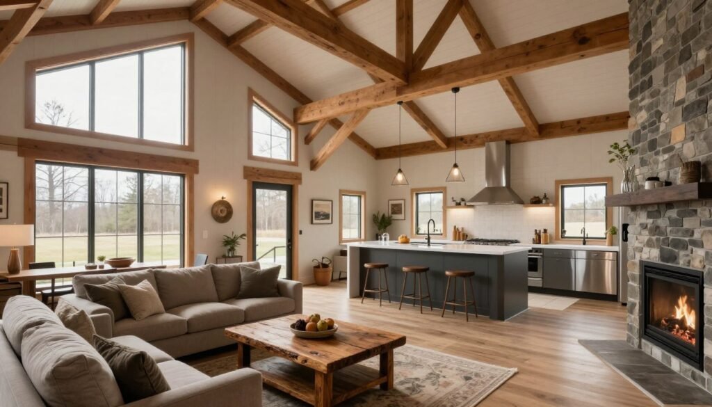 A detailed interior view of a modern barndominium, showcasing a spacious open floor plan with high ceilings, wooden beams, and large windows allowing soft, natural light to fill the room. In the foreground, a cozy living area features a stylish sofa, a rustic coffee table, and a welcoming fireplace. The middle ground presents a sleek kitchen area with stainless steel appliances, an island bar, and decorative accents, highlighting the affordability and comfort of barndominium living. In the background, the structural elements of the barn-style design are visible, emphasizing the unique architecture. The atmosphere should feel warm and inviting, with a focus on the practicality and cost-effectiveness of this home style. Use a wide-angle lens to capture the sense of space and depth, ensuring that the lighting is bright yet soft, creating a serene environment.