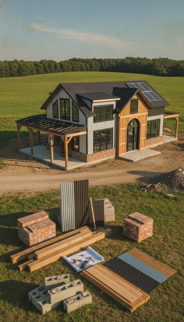 A detailed outdoor scene showcasing material choices for barndominium plans. In the foreground, display a variety of construction materials like wooden beams, metal panels, and bricks, arranged aesthetically. In the middle ground, depict a partially constructed barndominium with visible framing, windows, and doors, illustrating modern architectural elements. In the background, set a serene landscape with green fields and a clear blue sky, enhancing the sense of space. Utilize soft, natural lighting to create a warm, inviting atmosphere, and incorporate a wide-angle lens perspective to capture the entire scene cohesively. Aim for a mood of inspiration and practicality, emphasizing the feasibility of building on a budget while maintaining style.