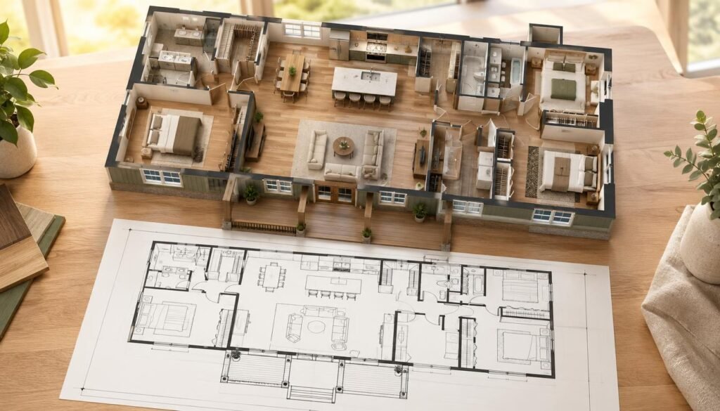 A detailed view of a 40 by 60 barndominium floor plan featuring spacious rooms and open living spaces, emphasizing a modern, functional design. In the foreground, include a scaled blueprint with clear room labels such as living room, kitchen, and bedrooms, showcasing an open-concept layout. The middle ground captures the vibrant color scheme with soft earth tones, enhancing the warmth and inviting atmosphere of a family home. In the background, depict a subtle gradient suggesting natural light filtering in through large windows. The overall mood is welcoming and homey, with precise lines for clarity. The perspective angle should be slightly elevated, providing an engaging view of the floor plan's layout without any text, watermarks, or signatures. A detailed view of a 40 by 60 barndominium floor plan featuring spacious rooms and open living spaces, emphasizing a modern, functional design. In the foreground, include a scaled blueprint with clear room labels such as living room, kitchen, and bedrooms, showcasing an open-concept layout. The middle ground captures the vibrant color scheme with soft earth tones, enhancing the warmth and inviting atmosphere of a family home. In the background, depict a subtle gradient suggesting natural light filtering in through large windows. The overall mood is welcoming and homey, with precise lines for clarity. The perspective angle should be slightly elevated, providing an engaging view of the floor plan's layout without any text, watermarks, or signatures.