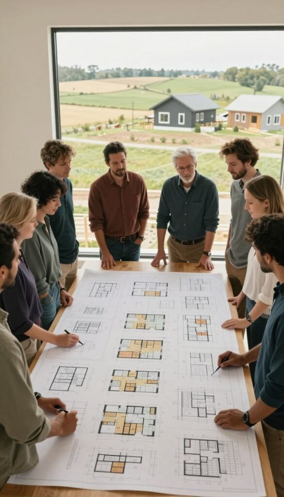 A diverse group of architects and homeowners gather around a large drafting table, reviewing detailed blueprints for affordable barndominium designs. In the foreground, the table is covered with colorful plans and sketches, showcasing various floor layouts and unique features. The middle ground reveals the enthusiastic interactions between the people, dressed in smart casual attire, discussing elements of modular living spaces. In the background, a large window reveals a serene rural landscape with rolling fields and a few barndominiums under construction. Soft, natural lighting floods the scene, creating a warm and inviting atmosphere. The image is captured from a slightly elevated angle to encompass both the group and the expansive view outside, conveying a sense of collaboration and innovation in creating budget-friendly homes. A diverse group of architects and homeowners gather around a large drafting table, reviewing detailed blueprints for affordable barndominium designs. In the foreground, the table is covered with colorful plans and sketches, showcasing various floor layouts and unique features. The middle ground reveals the enthusiastic interactions between the people, dressed in smart casual attire, discussing elements of modular living spaces. In the background, a large window reveals a serene rural landscape with rolling fields and a few barndominiums under construction. Soft, natural lighting floods the scene, creating a warm and inviting atmosphere. The image is captured from a slightly elevated angle to encompass both the group and the expansive view outside, conveying a sense of collaboration and innovation in creating budget-friendly homes.