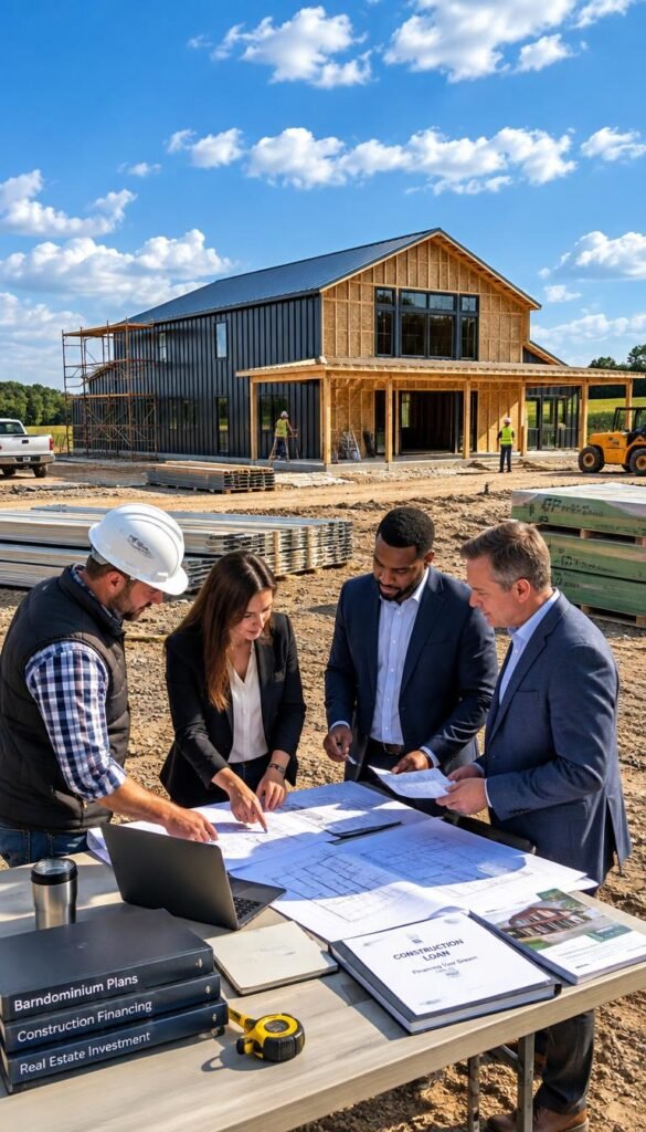 A modern barndominium home under construction in a picturesque rural setting, showcasing its unique blend of rustic charm and contemporary design. In the foreground, a diverse group of professionals in business attire—contractors, financial advisors, and architects—discuss plans and financing documents on a portable table. The middle ground features construction materials and blueprints spread out, symbolizing the project’s development phase. In the background, a partially constructed barndominium stands against a bright blue sky with fluffy clouds, with tools and equipment scattered around. The atmosphere is focused and optimistic, with warm natural lighting emphasizing the collaborative effort to secure financing. The image should evoke a sense of progress and professionalism in the barndominium building process.