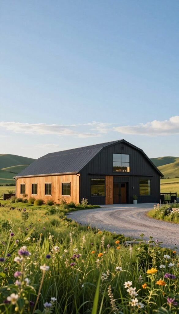 A modern barndominium in a serene rural setting, emphasized with cost per square foot markings subtly integrated into the design. In the foreground, lush green grass and wildflowers surround a stylish, elongated barn-style home with large windows reflecting natural light. The middle ground features a gravel driveway leading to the entrance, showcasing the structure's unique blend of rustic wood and modern metal. In the background, gentle rolling hills and a vast blue sky create a tranquil atmosphere, bathed in warm afternoon sunlight. The overall mood is inviting and innovative, illustrating the appeal of barndominiums as a practical living solution. Captured with a wide-angle lens to emphasize the space and depth, ensuring sharp focus on the home while softening the distant landscape. A modern barndominium in a serene rural setting, emphasized with cost per square foot markings subtly integrated into the design. In the foreground, lush green grass and wildflowers surround a stylish, elongated barn-style home with large windows reflecting natural light. The middle ground features a gravel driveway leading to the entrance, showcasing the structure's unique blend of rustic wood and modern metal. In the background, gentle rolling hills and a vast blue sky create a tranquil atmosphere, bathed in warm afternoon sunlight. The overall mood is inviting and innovative, illustrating the appeal of barndominiums as a practical living solution. Captured with a wide-angle lens to emphasize the space and depth, ensuring sharp focus on the home while softening the distant landscape.