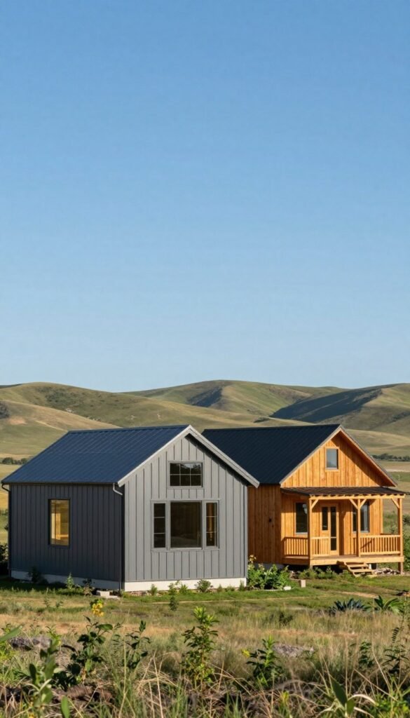 A modern landscape showcasing a side-by-side comparison of steel frame and wood frame barndominiums. In the foreground, a sleek, contemporary steel frame barndominium, painted in a muted gray, with large windows reflecting sunlight, emphasizing its durability. Next to it, a warm-toned wood frame barndominium with rustic wooden siding, featuring a welcoming porch and surrounded by natural greenery. The middle ground displays a clear blue sky and rolling hills that softly fade into the background, creating a peaceful setting. The lighting is bright, evoking a sense of clarity and comparison. Capture the scene from a slightly elevated angle to provide a comprehensive view, ensuring both structures stand prominently, showcasing their unique characteristics in a harmonious manner. A modern landscape showcasing a side-by-side comparison of steel frame and wood frame barndominiums. In the foreground, a sleek, contemporary steel frame barndominium, painted in a muted gray, with large windows reflecting sunlight, emphasizing its durability. Next to it, a warm-toned wood frame barndominium with rustic wooden siding, featuring a welcoming porch and surrounded by natural greenery. The middle ground displays a clear blue sky and rolling hills that softly fade into the background, creating a peaceful setting. The lighting is bright, evoking a sense of clarity and comparison. Capture the scene from a slightly elevated angle to provide a comprehensive view, ensuring both structures stand prominently, showcasing their unique characteristics in a harmonious manner.