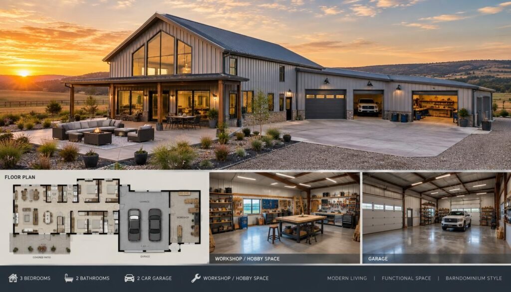A modern metal building house plan showcasing a barndominium design. In the foreground, a spacious patio area with sleek outdoor furniture invites relaxation. The middle section features an expansive barndominium structure characterized by large windows and a light gray metal exterior, boasting a functional garage and an attached workshop. Inside, visible layouts display hobby space with organized tools and materials. In the background, gentle rolling hills and an open sky bathed in warm, golden-hour lighting create a serene atmosphere. The angle captures the home at a slight elevation, emphasizing its contemporary architecture and the inviting surroundings. The scene conveys a sense of modern living and practical functionality, ideal for families and hobbyists alike. A modern metal building house plan showcasing a barndominium design. In the foreground, a spacious patio area with sleek outdoor furniture invites relaxation. The middle section features an expansive barndominium structure characterized by large windows and a light gray metal exterior, boasting a functional garage and an attached workshop. Inside, visible layouts display hobby space with organized tools and materials. In the background, gentle rolling hills and an open sky bathed in warm, golden-hour lighting create a serene atmosphere. The angle captures the home at a slight elevation, emphasizing its contemporary architecture and the inviting surroundings. The scene conveys a sense of modern living and practical functionality, ideal for families and hobbyists alike.