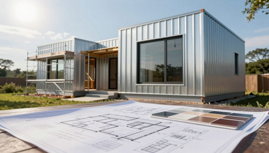 A modern metal home kit displayed in a serene outdoor setting, emphasizing the structural features such as sleek metal panels and large, energy-efficient windows. In the foreground, showcase architectural blueprints and design choices spread across a table, including color samples and finishes that reflect various design styles. In the middle ground, depict a partially constructed metal home with scaffolding, demonstrating construction safety and precision. The background should feature a sunny sky and a lush green landscape, creating a positive and inviting atmosphere. Utilize natural lighting to highlight textures and reflectivity of the metal surfaces. Shot from a low angle to emphasize the height and design depth of the home. Convey a sense of innovation and practicality in modern living. A modern metal home kit displayed in a serene outdoor setting, emphasizing the structural features such as sleek metal panels and large, energy-efficient windows. In the foreground, showcase architectural blueprints and design choices spread across a table, including color samples and finishes that reflect various design styles. In the middle ground, depict a partially constructed metal home with scaffolding, demonstrating construction safety and precision. The background should feature a sunny sky and a lush green landscape, creating a positive and inviting atmosphere. Utilize natural lighting to highlight textures and reflectivity of the metal surfaces. Shot from a low angle to emphasize the height and design depth of the home. Convey a sense of innovation and practicality in modern living.