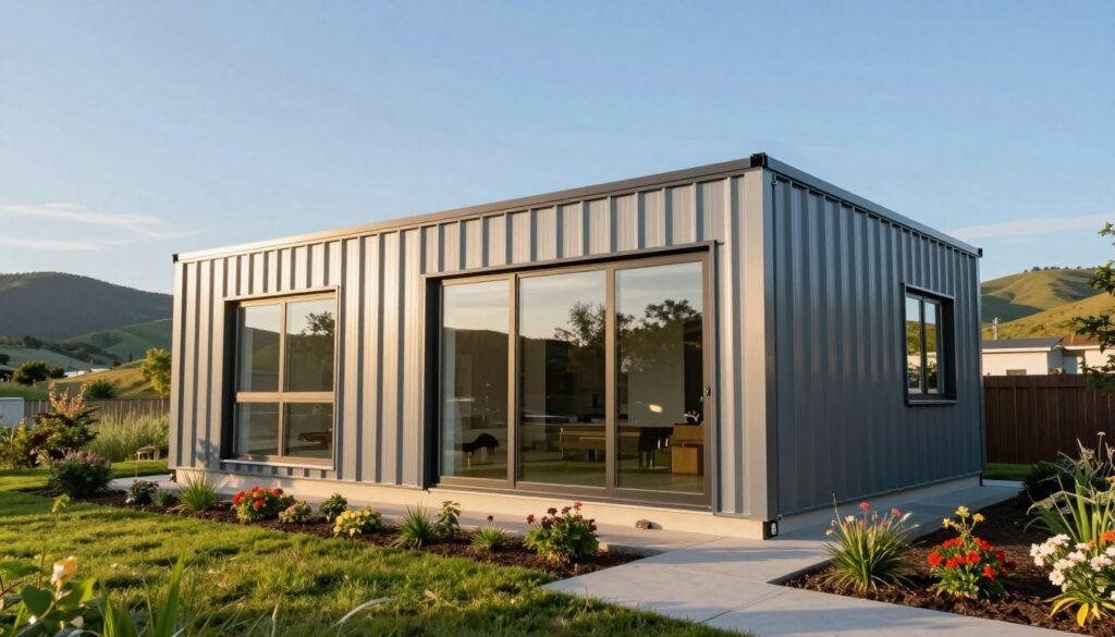 A modern prefab metal home set against a serene natural backdrop. In the foreground, a sleek, cutting-edge metal structure showcases large windows reflecting the surrounding greenery, emphasizing its contemporary design. The middle ground features a well-maintained pathway leading up to the home's entrance, with a small garden of vibrant flowers enhancing the aesthetic. In the background, gently rolling hills and a clear blue sky create a peaceful atmosphere. The scene is illuminated by warm, golden sunlight, casting soft shadows. The angle is a slight low perspective, highlighting the home’s architectural details while conveying a sense of welcoming openness. The mood is inviting and harmonious, ideal for showcasing the practicality and beauty of metal building homes. A modern prefab metal home set against a serene natural backdrop. In the foreground, a sleek, cutting-edge metal structure showcases large windows reflecting the surrounding greenery, emphasizing its contemporary design. The middle ground features a well-maintained pathway leading up to the home's entrance, with a small garden of vibrant flowers enhancing the aesthetic. In the background, gently rolling hills and a clear blue sky create a peaceful atmosphere. The scene is illuminated by warm, golden sunlight, casting soft shadows. The angle is a slight low perspective, highlighting the home’s architectural details while conveying a sense of welcoming openness. The mood is inviting and harmonious, ideal for showcasing the practicality and beauty of metal building homes.