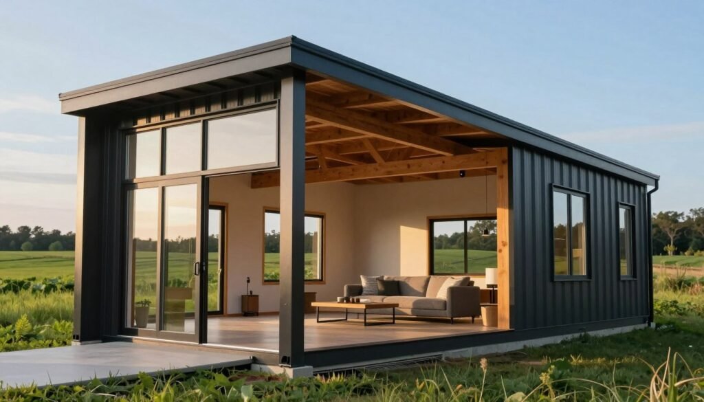 A modern prefabricated barndominium, showcasing a stylish blend of rustic charm and contemporary design. In the foreground, a sleek, metal entrance with large windows that allow natural light to flood in. The middle of the scene reveals the spacious, open-concept interior, featuring high ceilings, exposed wooden beams, and a cozy living area with modern furnishings. In the background, lush green fields and a clear blue sky create a serene rural setting, emphasizing the connection to nature. The lighting is soft and warm, suggesting either early morning or late afternoon, enhancing the inviting atmosphere. The angle captures both the exterior and interior flow, illustrating the unique aspects of barndominium kits compared to custom construction.
