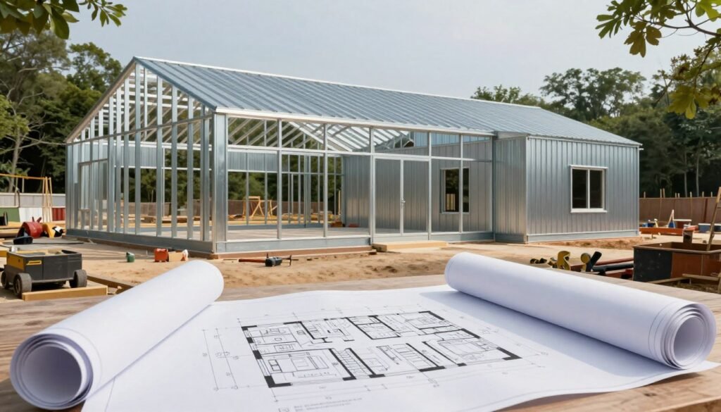 A modern steel building home blueprint featuring a sleek, industrial design. In the foreground, display a partially constructed metal home structure, showcasing its robust steel frame and large windows. The middle ground features a well-organized construction site with tools and equipment, while a detailed floor plan is rolled out on a table. The background showcases a serene setting with green trees, adding a harmonious contrast to the steel architecture. Soft, natural lighting illuminates the scene, enhancing the metallic textures and overall design. Capture a wide-angle view for a dynamic perspective, conveying a sense of progress and innovation in metal building homes. A modern steel building home blueprint featuring a sleek, industrial design. In the foreground, display a partially constructed metal home structure, showcasing its robust steel frame and large windows. The middle ground features a well-organized construction site with tools and equipment, while a detailed floor plan is rolled out on a table. The background showcases a serene setting with green trees, adding a harmonious contrast to the steel architecture. Soft, natural lighting illuminates the scene, enhancing the metallic textures and overall design. Capture a wide-angle view for a dynamic perspective, conveying a sense of progress and innovation in metal building homes.
