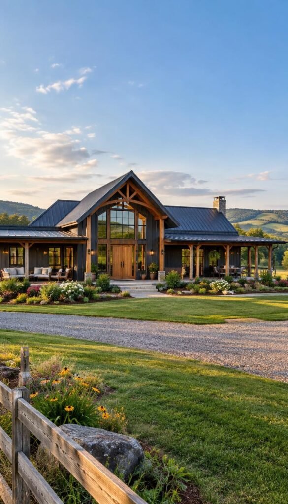 A picturesque barndominium home nestled in a serene rural landscape, showcasing its unique blend of rustic charm and modern design. In the foreground, the inviting entrance features a large wooden front door framed by tall windows, allowing natural light to fill the interior. In the middle ground, the expansive structure boasts a metal exterior with a steep-gabled roof, large porches adorned with comfortable outdoor furniture, and lush landscaping with vibrant flowers and green grass. In the background, rolling hills and a clear blue sky provide a tranquil atmosphere. Soft, warm sunlight casts gentle shadows, enhancing the inviting and peaceful mood. The scene is captured with a wide-angle lens, emphasizing the harmonious integration of the barndominium within its natural surroundings, inviting potential builders to visualize their own dream home.