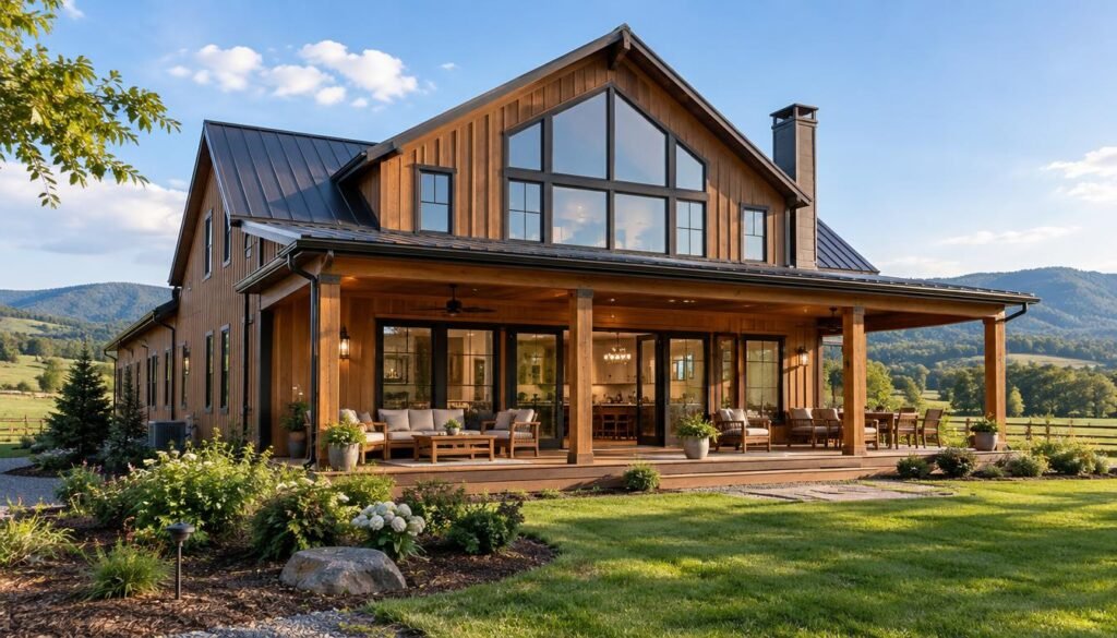 A picturesque family-friendly barndominium featuring a three-bedroom layout, blending rustic charm with modern aesthetics. In the foreground, a spacious porch with wooden furniture invites relaxation, while in the middle ground, the barndominium stands tall with large windows, showcasing an open floor plan and inviting interior. The exterior is clad in warm wood tones and steel accents, surrounded by lush green landscaping. In the background, rolling hills and a clear blue sky create a serene rural setting. Soft, natural sunlight filters through, casting gentle shadows and enhancing the welcoming atmosphere. The image captures a harmonious blend of family living with a contemporary farmhouse style, evoking a sense of comfort and togetherness. A picturesque family-friendly barndominium featuring a three-bedroom layout, blending rustic charm with modern aesthetics. In the foreground, a spacious porch with wooden furniture invites relaxation, while in the middle ground, the barndominium stands tall with large windows, showcasing an open floor plan and inviting interior. The exterior is clad in warm wood tones and steel accents, surrounded by lush green landscaping. In the background, rolling hills and a clear blue sky create a serene rural setting. Soft, natural sunlight filters through, casting gentle shadows and enhancing the welcoming atmosphere. The image captures a harmonious blend of family living with a contemporary farmhouse style, evoking a sense of comfort and togetherness.