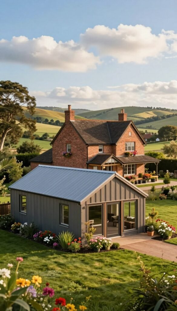 A picturesque rural landscape featuring a barndominium juxtaposed against a traditional house. In the foreground, showcase a modern barndominium with rustic metal siding and expansive windows, surrounded by a manicured lawn and vibrant flower beds. In the middle ground, depict a classic two-story traditional home with brick walls and a gabled roof, adorned with flower-filled window boxes. The background features rolling hills under a bright blue sky with fluffy clouds, hinting at a serene countryside setting. Use warm, natural lighting to create a welcoming atmosphere, with a slight sunrise glow enhancing the scene. Capture the image from a slightly elevated angle to include both homes harmoniously in one frame, illustrating the contrasting architectural styles. A picturesque rural landscape featuring a barndominium juxtaposed against a traditional house. In the foreground, showcase a modern barndominium with rustic metal siding and expansive windows, surrounded by a manicured lawn and vibrant flower beds. In the middle ground, depict a classic two-story traditional home with brick walls and a gabled roof, adorned with flower-filled window boxes. The background features rolling hills under a bright blue sky with fluffy clouds, hinting at a serene countryside setting. Use warm, natural lighting to create a welcoming atmosphere, with a slight sunrise glow enhancing the scene. Capture the image from a slightly elevated angle to include both homes harmoniously in one frame, illustrating the contrasting architectural styles.