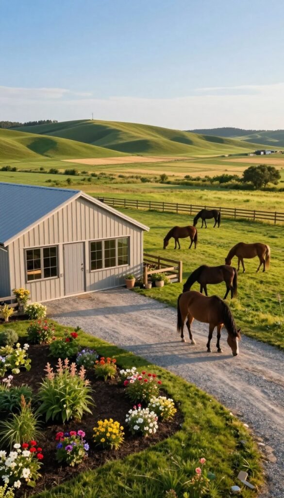 A picturesque scene of a horse property featuring stunning barndominiums. In the foreground, a beautifully landscaped garden with vibrant flowers borders a well-maintained gravel driveway, leading to a spacious barndominium with a rustic metal exterior and large windows reflecting natural light. In the middle ground, several horses graze peacefully in a fenced pasture, their coats shining in the soft golden sunlight. The background showcases rolling green fields under a clear blue sky, with a few distant hills adding depth to the landscape. The atmosphere is serene and inviting, evoking a sense of tranquility and open space. Capture this scene with a slight aerial perspective, using warm lighting to enhance the welcoming, homey feel of the property. A picturesque scene of a horse property featuring stunning barndominiums. In the foreground, a beautifully landscaped garden with vibrant flowers borders a well-maintained gravel driveway, leading to a spacious barndominium with a rustic metal exterior and large windows reflecting natural light. In the middle ground, several horses graze peacefully in a fenced pasture, their coats shining in the soft golden sunlight. The background showcases rolling green fields under a clear blue sky, with a few distant hills adding depth to the landscape. The atmosphere is serene and inviting, evoking a sense of tranquility and open space. Capture this scene with a slight aerial perspective, using warm lighting to enhance the welcoming, homey feel of the property.