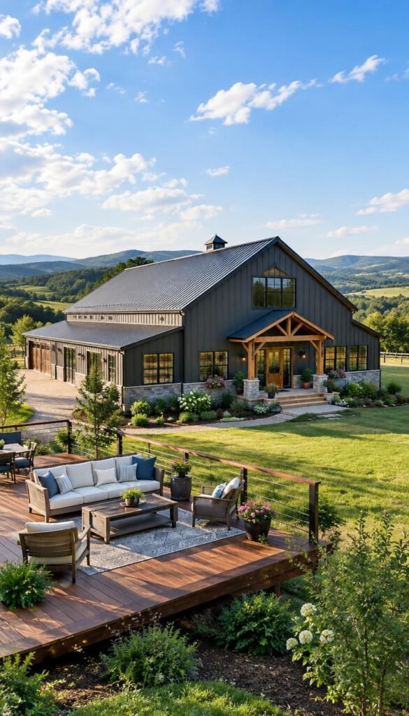 A picturesque scene showcasing a barndominium home, blending rustic charm with modern design. In the foreground, a spacious wooden deck with comfortable outdoor seating invites casual gatherings, while lush green grass surrounds the area. The middle layer features a large, sleek barndominium with a metal roof, large windows, and a stylish entrance framed by flowering plants. The background reveals rolling hills under a bright blue sky with fluffy white clouds, enhancing the peaceful countryside vibe. Gentle sunlight casts warm, inviting shadows, creating a tranquil atmosphere. The angle captures the home from a slight elevation, offering a comprehensive view that emphasizes its unique architectural features, perfect for illustrating the goals and considerations of building such a home.