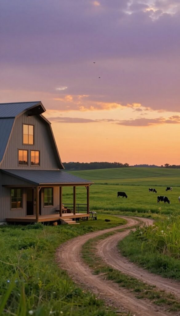 A picturesque scene showcasing the Barndominium lifestyle in Kansas, with a modern barn-style home in the foreground featuring large, open windows and a welcoming porch. In the middle ground, lush green fields stretch toward the horizon, dotted with livestock grazing peacefully. A dirt path leads up to the house, inviting exploration. The background reveals a sunset sky painted in warm hues of orange and purple, casting a golden light over the landscape. Soft clouds float lazily as birds soar above. The mood is tranquil and idyllic, reflecting a harmonious rural lifestyle. Capture this scene with a shallow depth of field, using a wide-angle lens to emphasize the spaciousness. Ensure no people are present in the image.