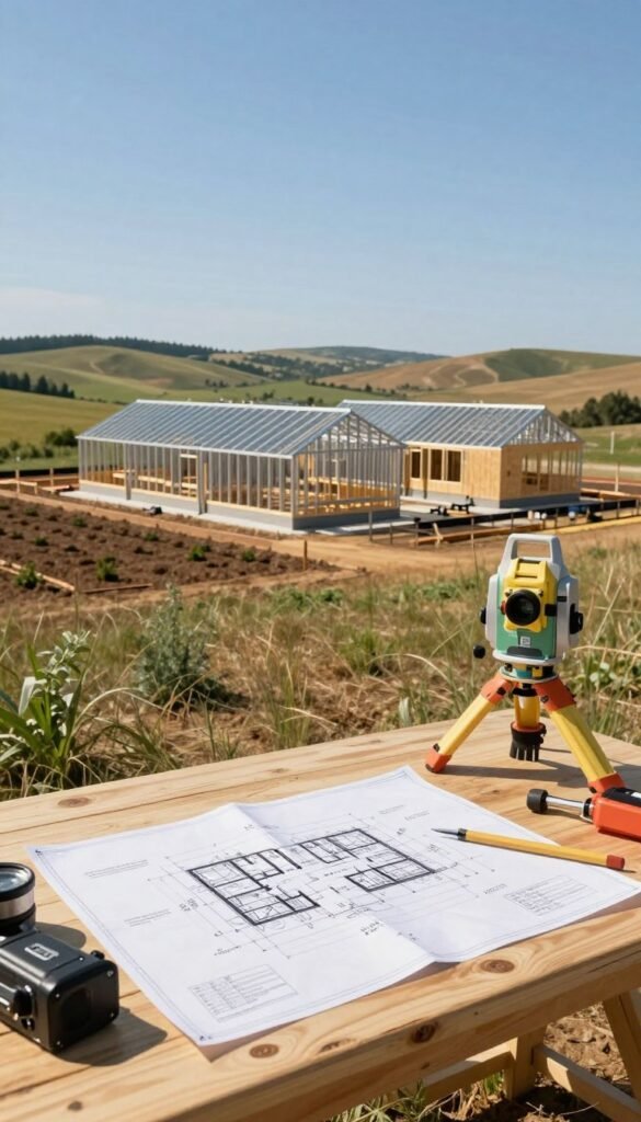 A scenic view of a barndominium construction site set in rural land, showcasing a blend of natural beauty and architectural elements. In the foreground, a well-organized layout plan with construction blueprints, tools, and a surveying equipment on a wooden table. The middle ground features a modern barndominium structure with steel framing in progress, surrounded by cleared land ready for landscaping. In the background, gentle rolling hills and a clear blue sky enhance the rural ambiance, with subtle sunlight casting warm shadows. The atmosphere is one of optimism and growth, highlighting the promise of rural living. Capture this scene with a wide-angle lens for depth, ensuring a bright and inviting daylight setting. A scenic view of a barndominium construction site set in rural land, showcasing a blend of natural beauty and architectural elements. In the foreground, a well-organized layout plan with construction blueprints, tools, and a surveying equipment on a wooden table. The middle ground features a modern barndominium structure with steel framing in progress, surrounded by cleared land ready for landscaping. In the background, gentle rolling hills and a clear blue sky enhance the rural ambiance, with subtle sunlight casting warm shadows. The atmosphere is one of optimism and growth, highlighting the promise of rural living. Capture this scene with a wide-angle lens for depth, ensuring a bright and inviting daylight setting.