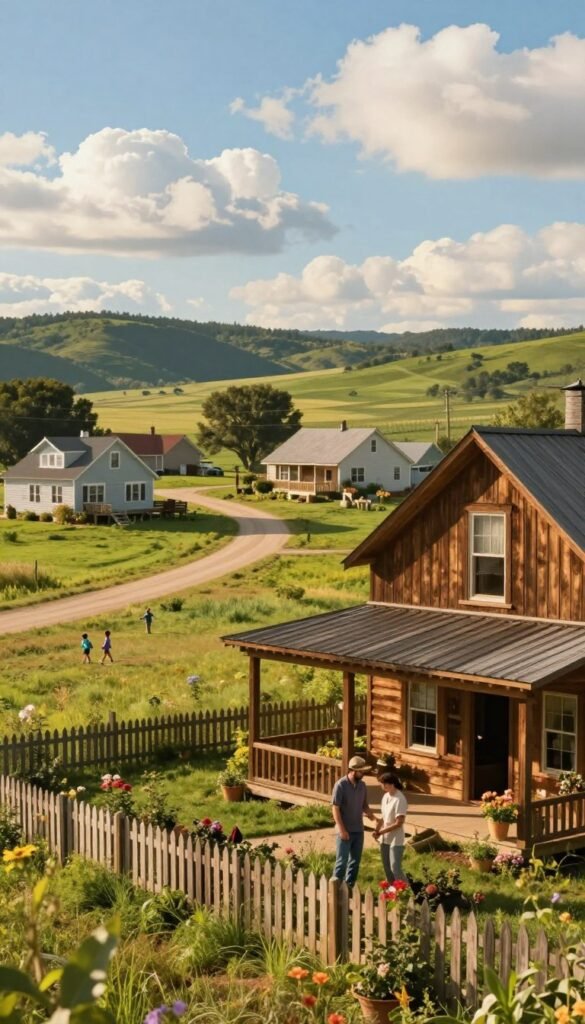 A serene country neighborhood scene showcasing the charm of rural living in the United States. In the foreground, a quaint wooden farmhouse with a wraparound porch, surrounded by a picket fence and colorful flower beds. A couple dressed in modest casual clothing enjoy gardening together, smiling and connecting with nature. In the middle ground, a dirt road winds between lush green fields and neighboring homes, with children playing nearby, demonstrating community spirit. In the background, rolling hills and a bright blue sky with fluffy white clouds create an idyllic atmosphere. The warm golden light of late afternoon enhances the cozy, inviting mood, reminiscent of a peaceful rural lifestyle. The image should capture the essence of tranquility and happiness in a close-knit community. A serene country neighborhood scene showcasing the charm of rural living in the United States. In the foreground, a quaint wooden farmhouse with a wraparound porch, surrounded by a picket fence and colorful flower beds. A couple dressed in modest casual clothing enjoy gardening together, smiling and connecting with nature. In the middle ground, a dirt road winds between lush green fields and neighboring homes, with children playing nearby, demonstrating community spirit. In the background, rolling hills and a bright blue sky with fluffy white clouds create an idyllic atmosphere. The warm golden light of late afternoon enhances the cozy, inviting mood, reminiscent of a peaceful rural lifestyle. The image should capture the essence of tranquility and happiness in a close-knit community.