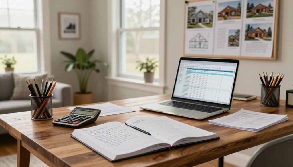 A serene home office workspace featuring a detailed budgeting plan for building a barndominium. In the foreground, a beautiful wooden desk is cluttered with a large open notebook filled with handwritten notes, a calculator, and a cup of pencils. On the desk, there’s also a laptop displaying a budgeting spreadsheet. In the middle ground, a large window lets in soft, warm, natural light, illuminating a spacious room decorated with houseplants and architectural sketches on the wall. The background features a vision board with images of barndominiums, enhancing the focus on financial planning. The atmosphere is calm and organized, evoking a sense of professionalism and determination, captured from a slightly elevated angle to showcase the entire setup.