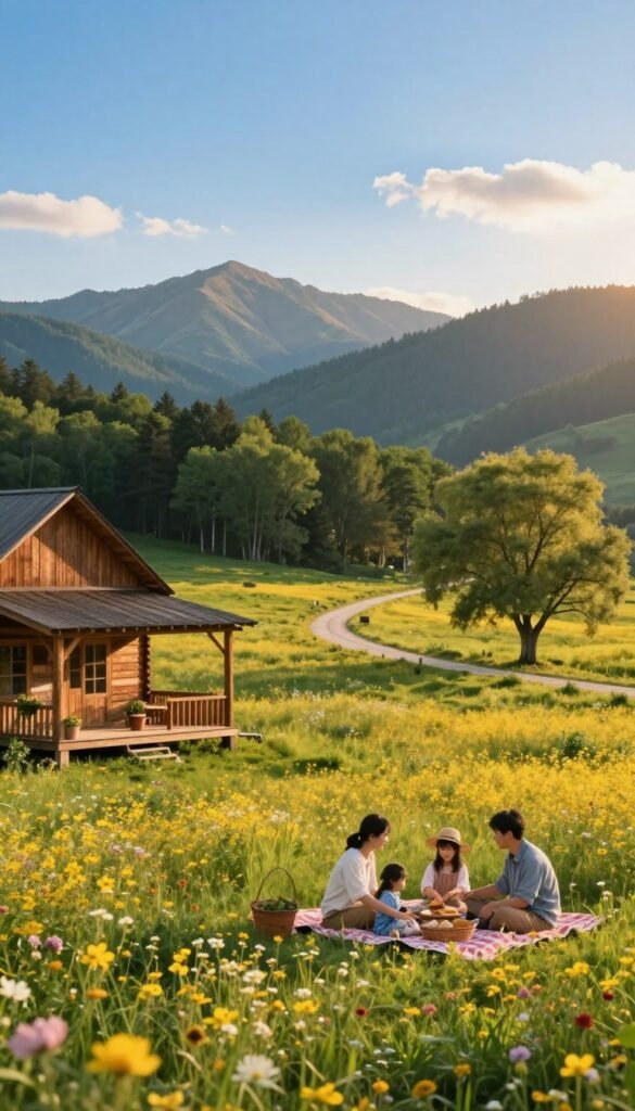 A serene rural landscape showcasing the essence of country living, where vast fields of wildflowers bloom under a bright blue sky. In the foreground, a wooden farmhouse with a welcoming porch is adorned with potted plants. A family dressed in modest, casual clothing enjoys a picnic on a checkered blanket, radiating joy and togetherness. The middle ground features a gently winding dirt path leading to a lush green forest, with a few trees swaying lightly in a gentle breeze. In the background, majestic mountains rise under a golden sunset, casting a warm glow over the scene. Soft, natural lighting enhances the harmony of nature, evoking a peaceful and idyllic atmosphere. The composition conveys a sense of tranquility and connection to the earth, illustrating the enriching qualities of rural living. A serene rural landscape showcasing the essence of country living, where vast fields of wildflowers bloom under a bright blue sky. In the foreground, a wooden farmhouse with a welcoming porch is adorned with potted plants. A family dressed in modest, casual clothing enjoys a picnic on a checkered blanket, radiating joy and togetherness. The middle ground features a gently winding dirt path leading to a lush green forest, with a few trees swaying lightly in a gentle breeze. In the background, majestic mountains rise under a golden sunset, casting a warm glow over the scene. Soft, natural lighting enhances the harmony of nature, evoking a peaceful and idyllic atmosphere. The composition conveys a sense of tranquility and connection to the earth, illustrating the enriching qualities of rural living.