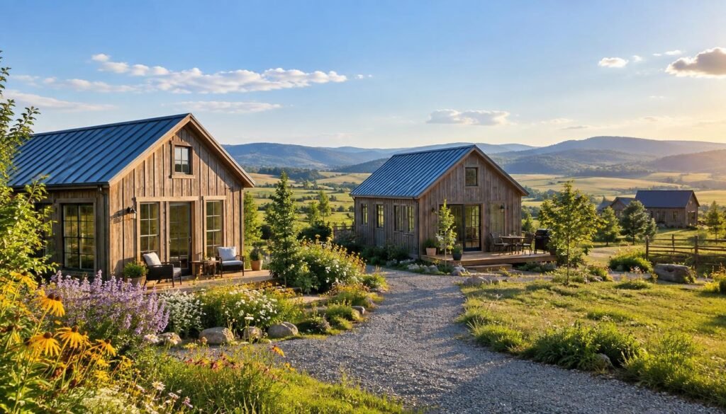A serene scene showcasing a cluster of small barndominiums, designed with rustic charm and modern aesthetics. The foreground features two barndominiums made of weathered wood and metal roofs, surrounded by vibrant wildflowers and well-kept grass. In the middle ground, a gravel pathway leads to a small deck with outdoor furniture, hinting at cozy living spaces. In the background, rolling hills and a clear blue sky create a tranquil setting. The lighting is warm and inviting, suggesting late afternoon sun casting soft shadows. Capture this in a wide-angle view, emphasizing the harmonious blend of these tiny homes with nature, evoking a peaceful atmosphere of affordable living. A serene scene showcasing a cluster of small barndominiums, designed with rustic charm and modern aesthetics. The foreground features two barndominiums made of weathered wood and metal roofs, surrounded by vibrant wildflowers and well-kept grass. In the middle ground, a gravel pathway leads to a small deck with outdoor furniture, hinting at cozy living spaces. In the background, rolling hills and a clear blue sky create a tranquil setting. The lighting is warm and inviting, suggesting late afternoon sun casting soft shadows. Capture this in a wide-angle view, emphasizing the harmonious blend of these tiny homes with nature, evoking a peaceful atmosphere of affordable living.